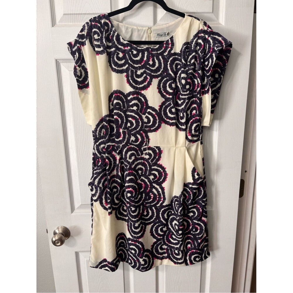 Eliza J Graphic Print Cream Purple Dress Size 14 Lined Wedding Guest Summer